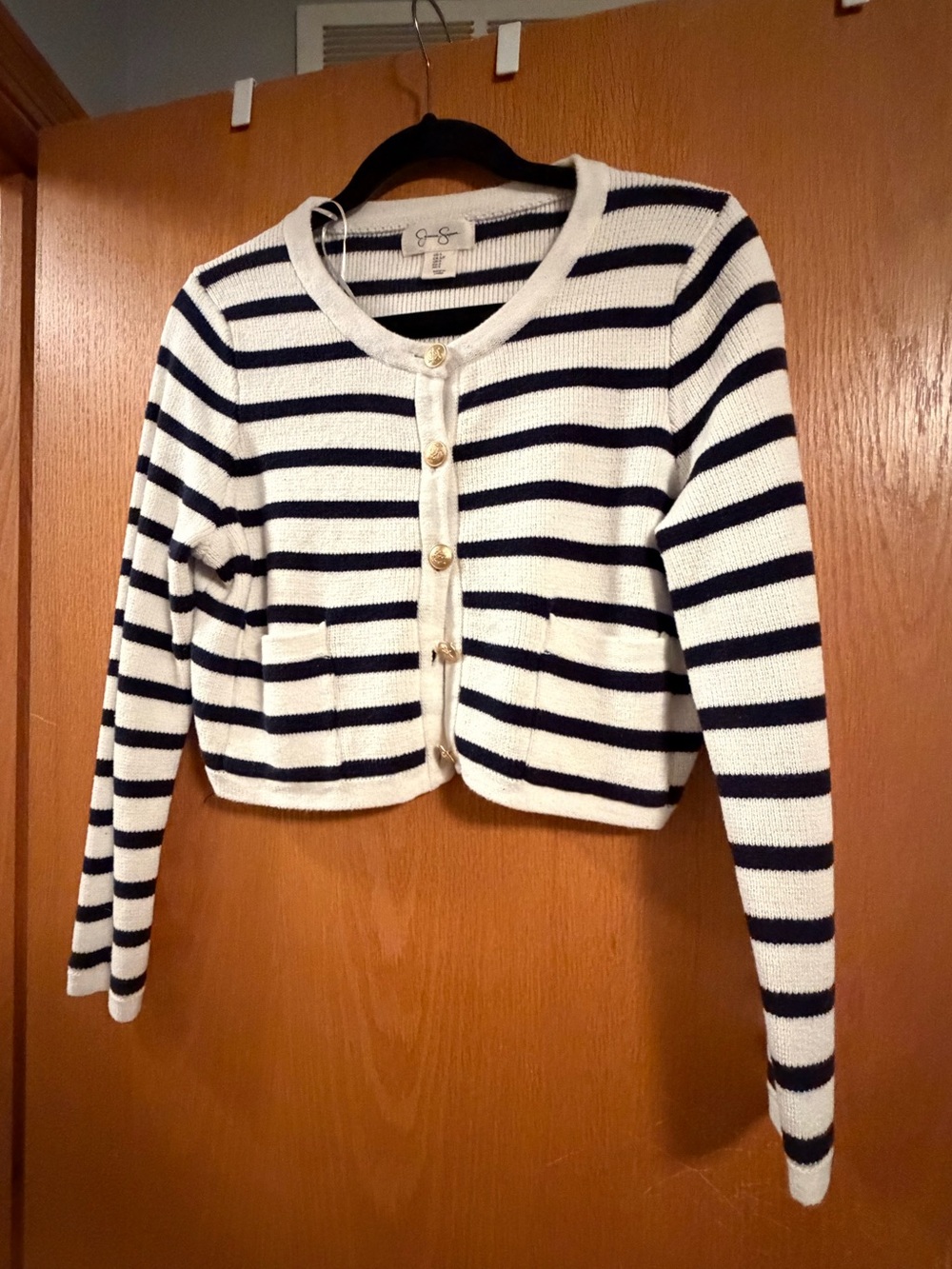 Jessica Simpson White & Navy Striped Cropped Cardigan Jacket